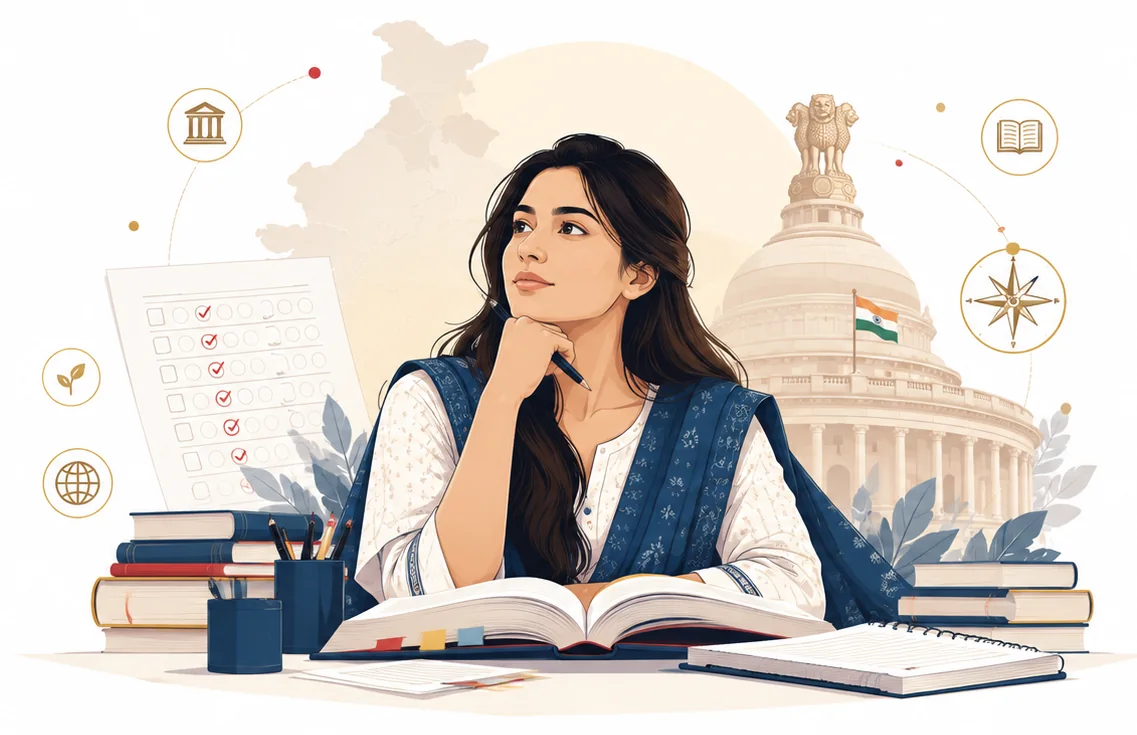 A UPSC aspirant studying at a desk with books and an answer sheet, with Parliament House, the Ashoka emblem and a map of India behind her