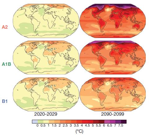 Projected global surface temperature changes for the years 2020 to 2029 and 2090 to 2099 under different IPCC emission scenarios. UPSC IAS PCS