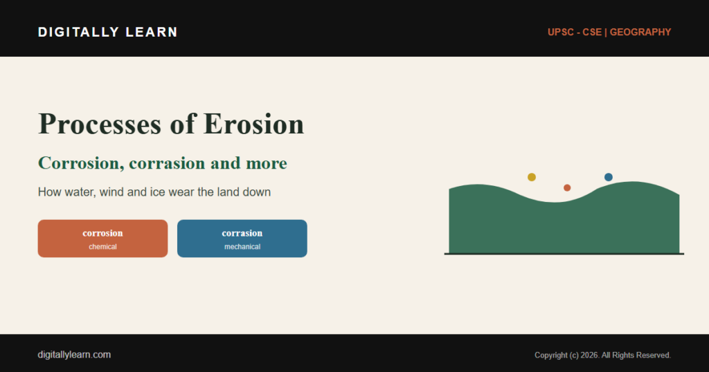 Processes of Erosion: Corrasion, Corrosion, Attrition and Hydraulic Action