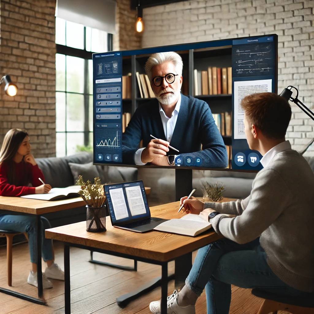 An experienced mentor providing online coaching to students in a virtual classroom. The setting is modern, featuring a large screen displaying educati