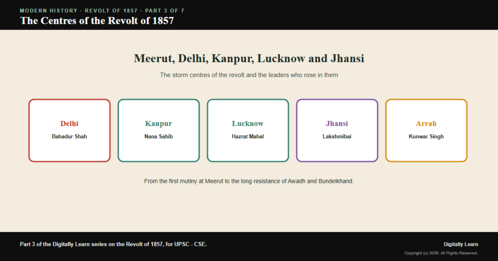 The Centres of the Revolt of 1857: Delhi, Kanpur, Lucknow and Jhansi